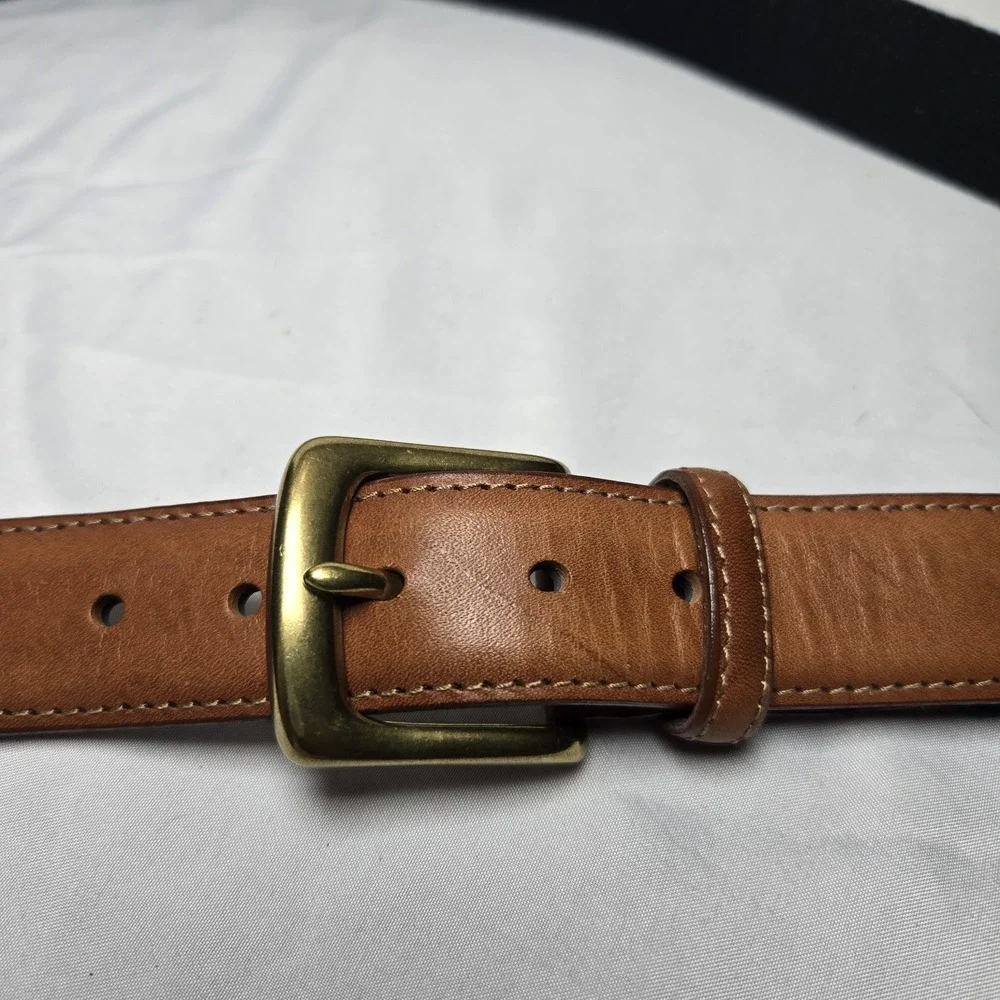 Woven Leather Brass Buckle Belt Black Leather Ends Mens 40 Preppy Office Classic